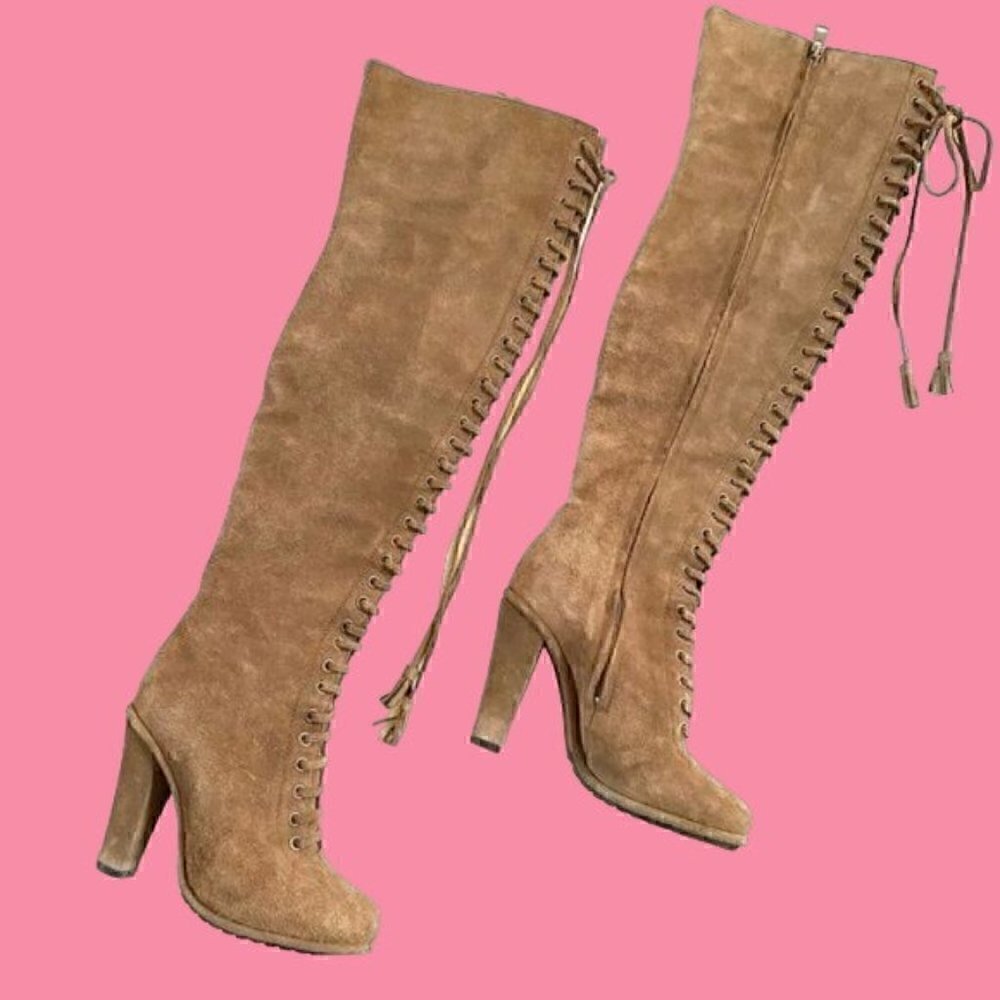 Allsaints Stepney Tan Suede Over the Knee Lace Up Tassel Boots EU 36 US 6